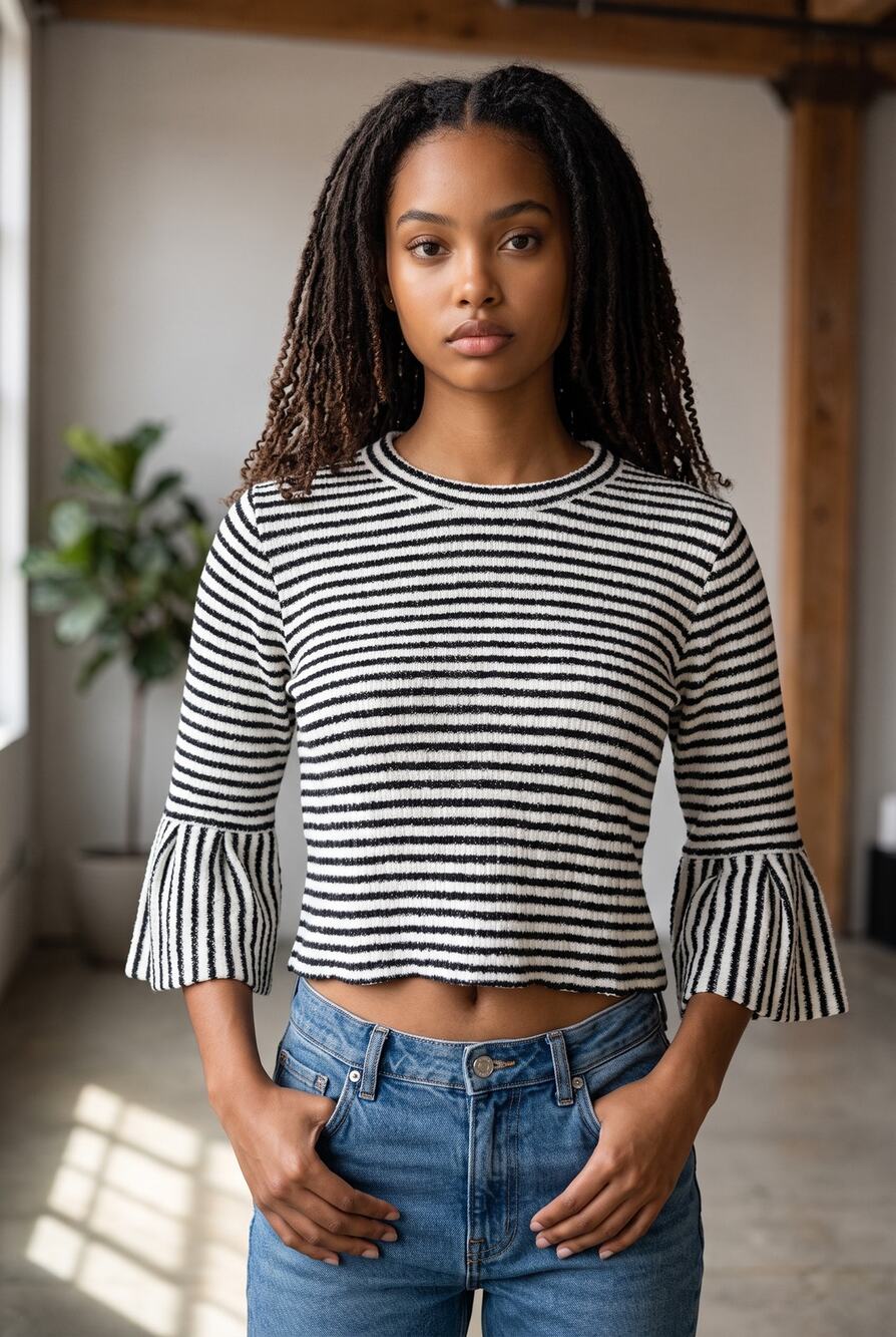 Urban Romantics Black White Striped Bell Cuff Crop Knit Sweater Boho S Trendy
